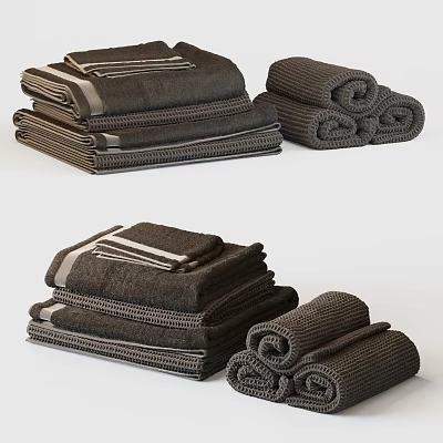 Bathroom Towels In Dark Brown With Striped Folded And Rolled Styles 3d model
