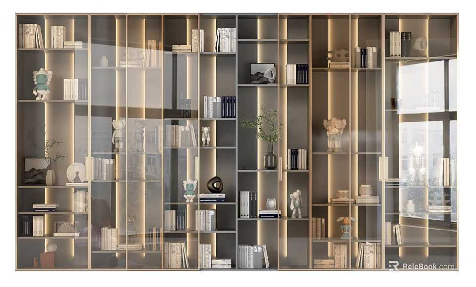 Modern Bookshelf Interior Design With Open Shelves Books Decorative Items Plants And Lighting 3d model 