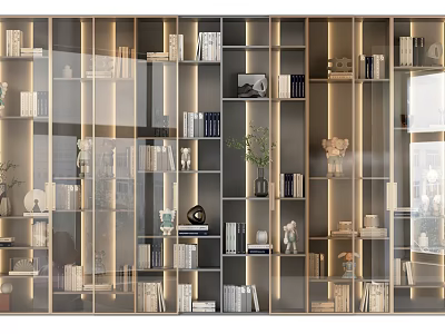 Modern Bookshelf Interior Design With Open Shelves Books Decorative Items Plants And Lighting 3d model