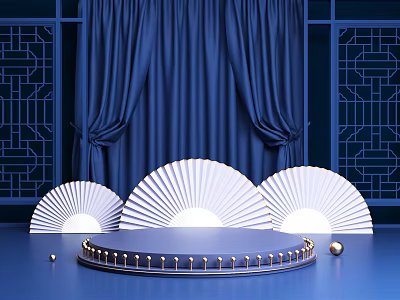 Chinese Style Decorative Display Stand With Blue Curtains White Fan And Golden Accents 3d model