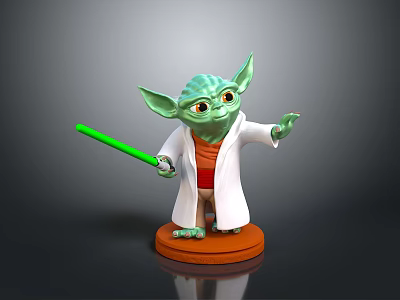 Green Yoda Toy Figure With White Robe Orange Outfit And Green Lightsaber On Orange Base 3d model