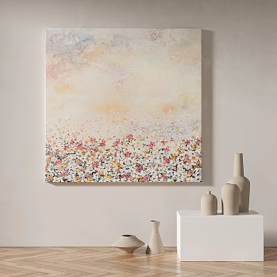 Abstract Oil Painting With Soft Pastel Hues And Colorful Floral Details Hanging On Wall 3d model