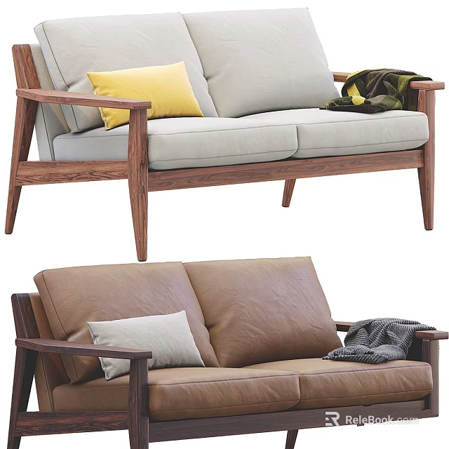 Stylish Fabric And Leather Sofas With Wooden Frame Pillows And Throw Blanket 3d model 