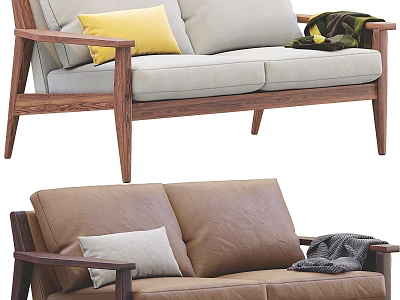 Stylish Fabric And Leather Sofas With Wooden Frame Pillows And Throw Blanket 3d model