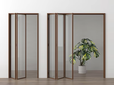 Folding Doors Wooden Frame Glass Panels Indoor Minimalist Setting With Green Plant White Planter 3d model