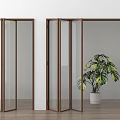 Folding Doors Wooden Frame Glass Panels Indoor Minimalist Setting With Green Plant White Planter