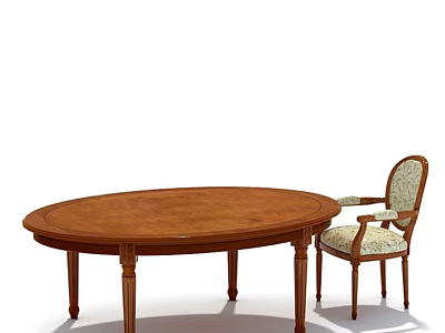 Classic Wooden Oval Dining Table and Armchair with Patterned Fabric Upholstery 3d model