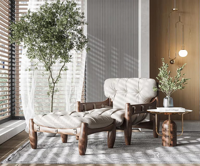 Modern Natural Lounge Chair with Wooden Frame Ottoman Near Window Green Plant and Side Table 3d model 