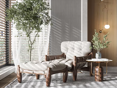 Modern Natural Lounge Chair with Wooden Frame Ottoman Near Window Green Plant and Side Table 3d model