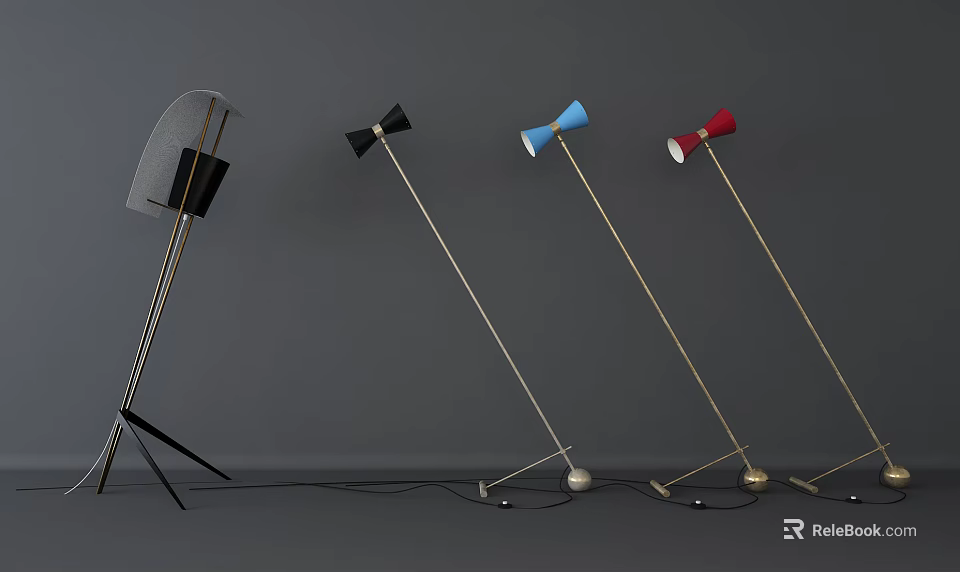 Stylish Modern Floor Lamps With Colorful Shades Slim Metal Poles And Stable Bases 3d model 