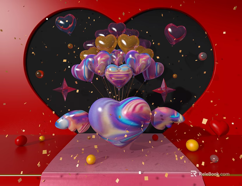 Heart Shaped Inflatable with Wings and Balloons on Red Background Golden Stars and Confetti 3d model 