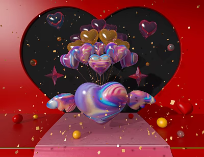 Heart Shaped Inflatable with Wings and Balloons on Red Background Golden Stars and Confetti 3d model