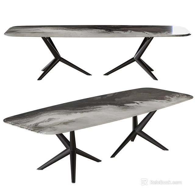 Modern Dining Table With Abstract Pattern Tabletop And Black Cross Metal Legs Design 3d model 