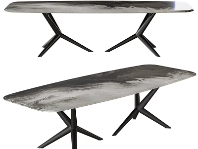 Modern Dining Table With Abstract Pattern Tabletop And Black Cross Metal Legs Design 3d model