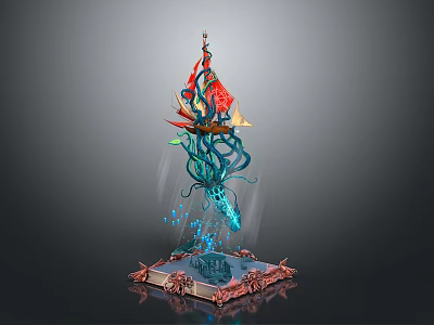 Ornate Sculpture With Square Base Blue Water Green Vines And Colorful Top Decor 3d model