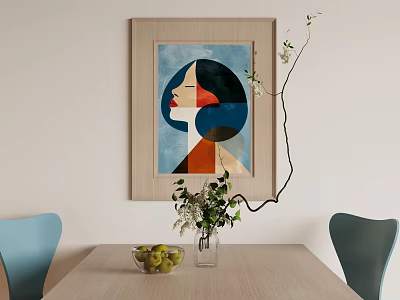 Abstract Painting Geometric Female Profile Blue Red White Tones Over Wooden Table Vase Blue Chairs 3d model