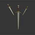 Three Medieval Swords Displayed with Central Long Blade and Side Daggers on Dark Background