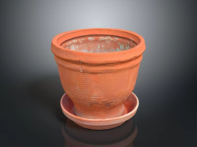 Terracotta Plant Pot With Saucer And Textured Design For Home Gardening 3d model