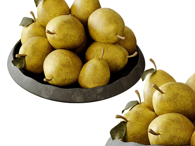 Plump Golden Pears In Two Dark Trays With Green Leaves 3d model