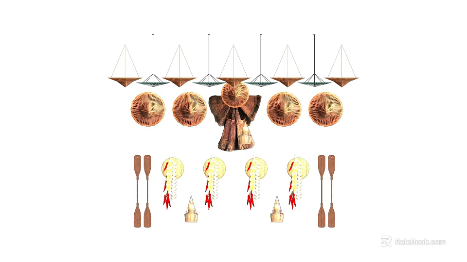 Traditional Handcrafted Decorative Items Including Woven Disks Hanging Ornaments And Wooden Paddles 3d model 