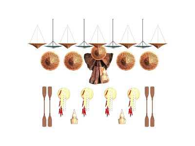 Traditional Handcrafted Decorative Items Including Woven Disks Hanging Ornaments And Wooden Paddles 3d model