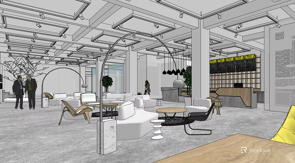 Modern Cafe Interior With Open Space Comfy Sofas Tables Chairs Hanging Lights And Green Plants 3d model 