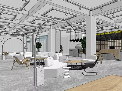 Modern Cafe Interior With Open Space Comfy Sofas Tables Chairs Hanging Lights And Green Plants 3d model