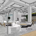 Modern Cafe Interior With Open Space Comfy Sofas Tables Chairs Hanging Lights And Green Plants