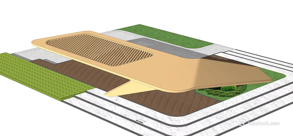Wooden Pergola Structure With Green Lawn And Paved Pathway Design 3d model 