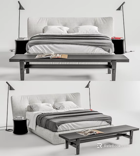 Modern Double Bed With Striped Bedspread Pillows Wooden Bench Nightstands And Table Lamps 3d model 