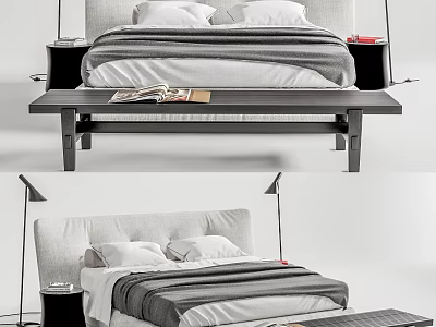Modern Double Bed With Striped Bedspread Pillows Wooden Bench Nightstands And Table Lamps 3d model