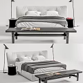 Modern Double Bed With Striped Bedspread Pillows Wooden Bench Nightstands And Table Lamps