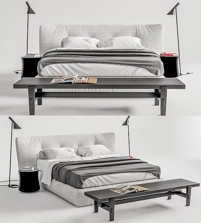 Modern Double Bed With Striped Bedspread Pillows Wooden Bench Nightstands And Table Lamps 3d model