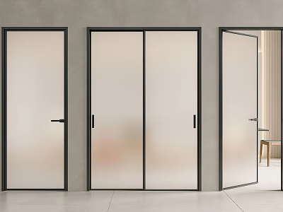 Modern Interior Swing Doors With Frosted Glass And Black Frames Design 3d model