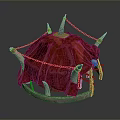 Modern Red Canopy Structure Featuring Spikes Chains And Circular Wooden Frame