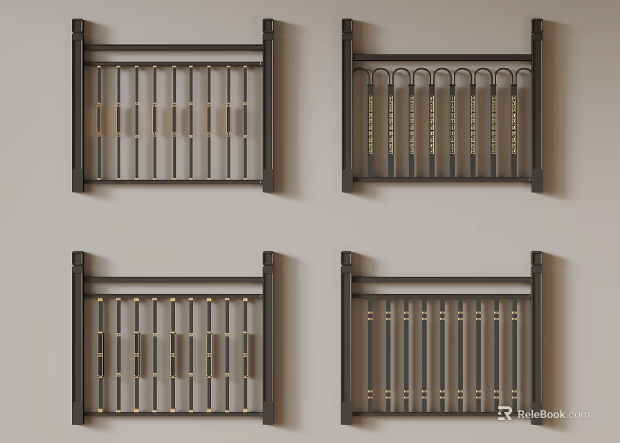 Various Metal Railing Designs Featuring Different Vertical Bar Patterns And Styles 3d model