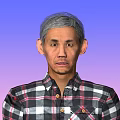 Man Wearing Plaid Shirt And Dark Pants Standing Against Blue Purple To Pink Gradient Background