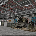 Cartoon Military Base Interior With Armored Vehicle Sandbags Metal Ceiling And Ventilation Fans