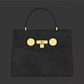 Elegant Black Suede Handbag With Golden Clasps And Structured Top Handle Design