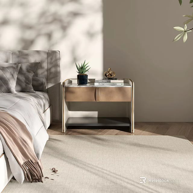 Modern Bedside Table With Metal Frame In Bedroom Featuring Small Plant Decorative Item And Books 3d model 