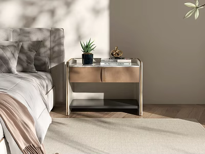 Modern Bedside Table With Metal Frame In Bedroom Featuring Small Plant Decorative Item And Books 3d model