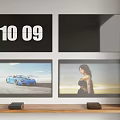Modern Television Setup With Four Screens Displaying Time Car Image And Woman On Beach