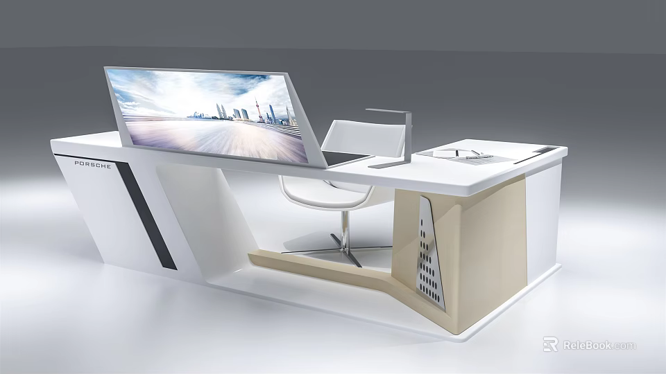 Modern Office Desk With Large Screen Monitor White Chair and Sleek Minimalist Design 3d model 