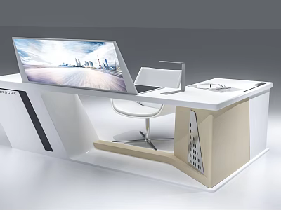 Modern Office Desk With Large Screen Monitor White Chair and Sleek Minimalist Design 3d model