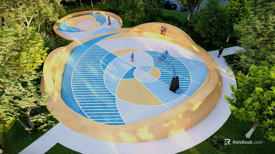 Unique Outdoor Basketball Court With Colorful Geometric Floor Design Surrounded by Greenery 3d model 