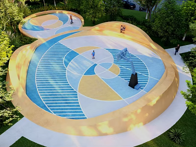 Unique Outdoor Basketball Court With Colorful Geometric Floor Design Surrounded by Greenery 3d model