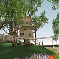 Scenic Wooden Tree Houses In Lush Forest With Stairs And Green Grass