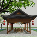Chinese Style Pavilion With Black Roof And Red Lanterns Near Trees And Water