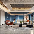 Modern Open Dining and Living Room Interior With Grey Sofa Marble Coffee Table And Chandelier