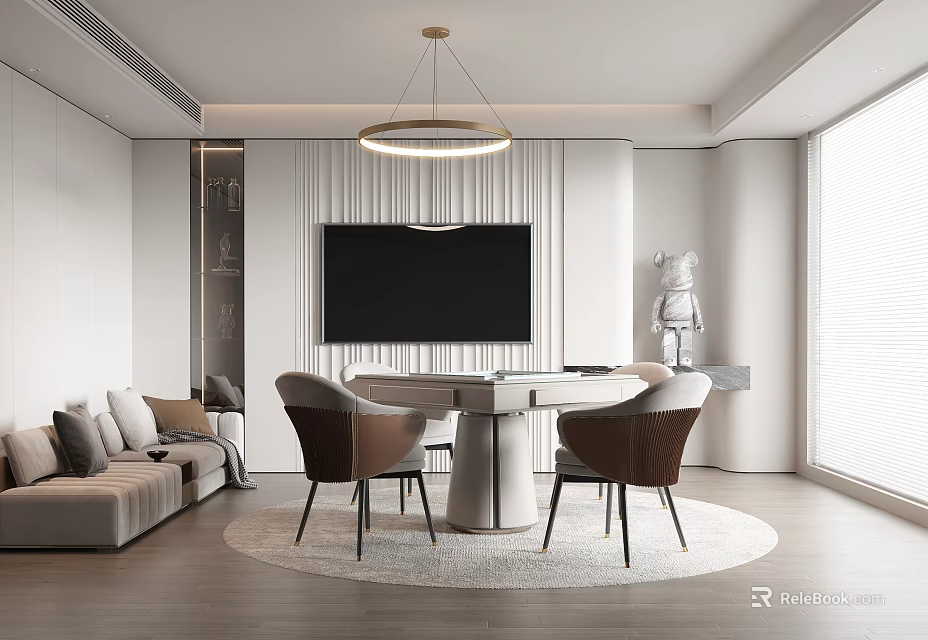 Modern Entertainment Room With Sofa TV Round Table And Chairs 3d model